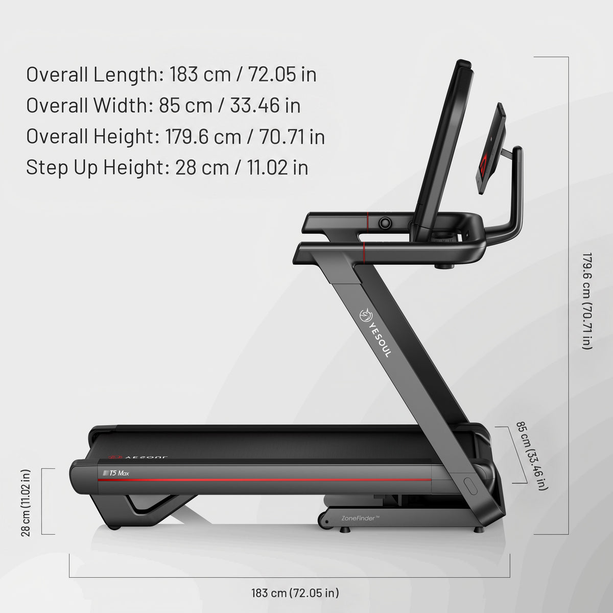 YESOUL T5 MAX V2: Length × width × height: 183 × 85 × 179.6 cm (72.05 × 33.46 × 70.71 in)