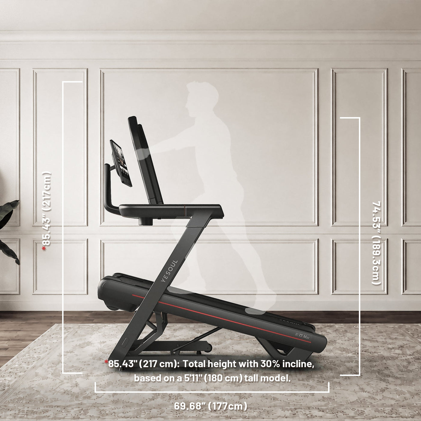 YESOUL T5 treadmill inclined in a garage